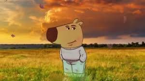Smug cartoon dog standing in a field at sunset